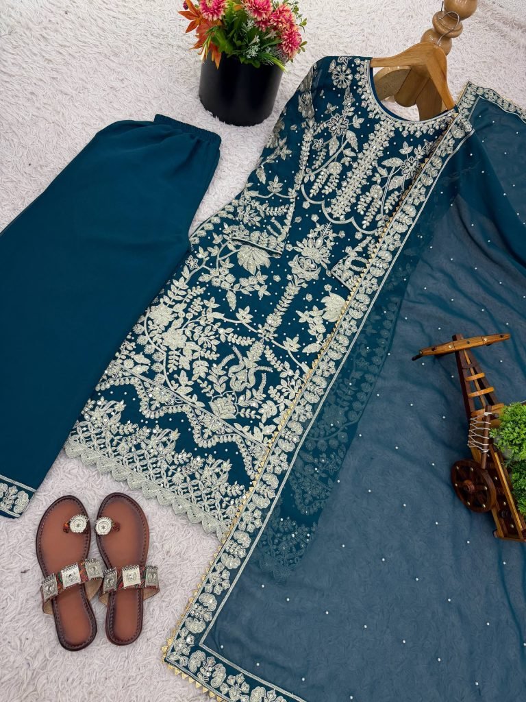 Blue faux georgette chain sequence work with moti work top-bottom and dupatta set