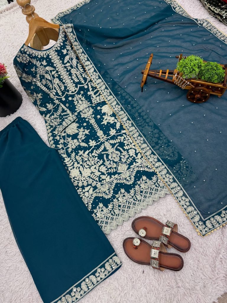 Blue faux georgette chain sequence work with moti work top-bottom and dupatta set