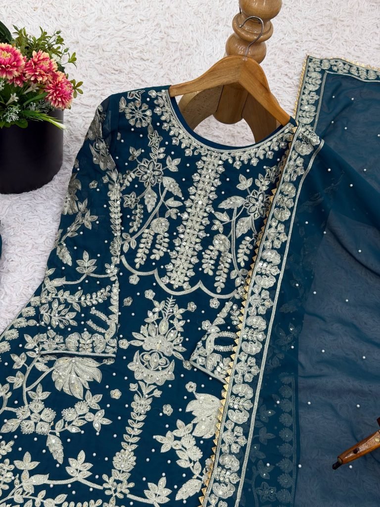 Blue faux georgette chain sequence work with moti work top-bottom and dupatta set