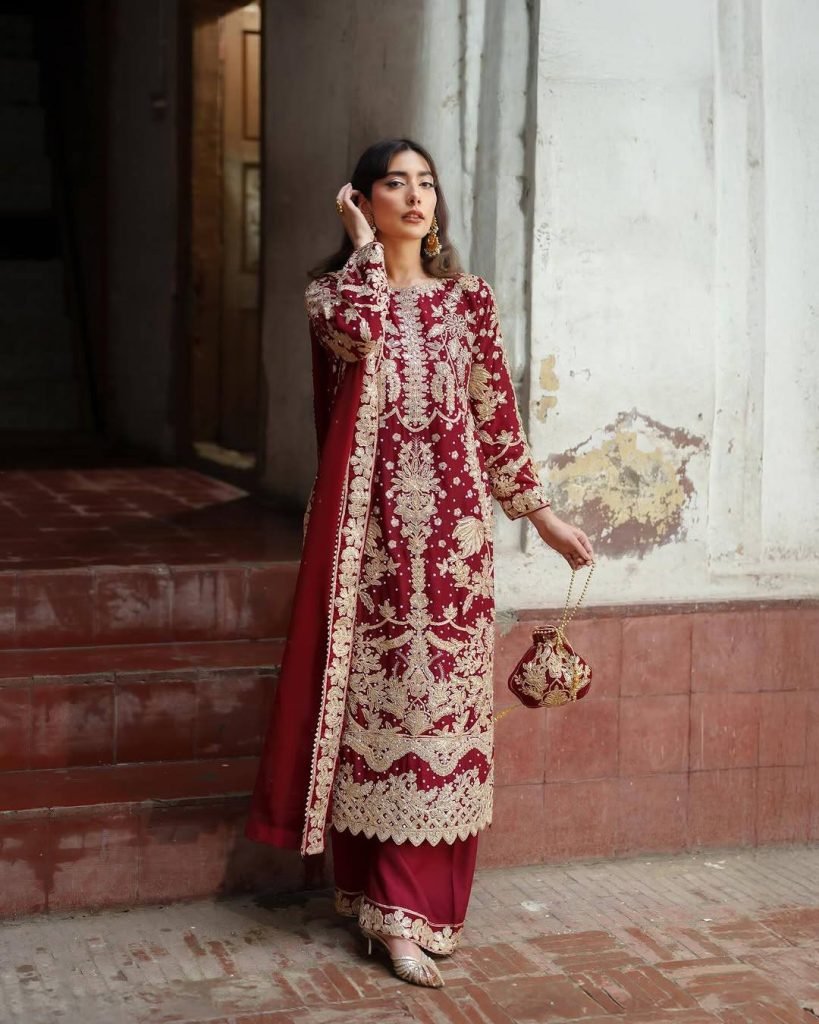 Red faux georgette chain sequence work with moti work top-bottom and dupatta set