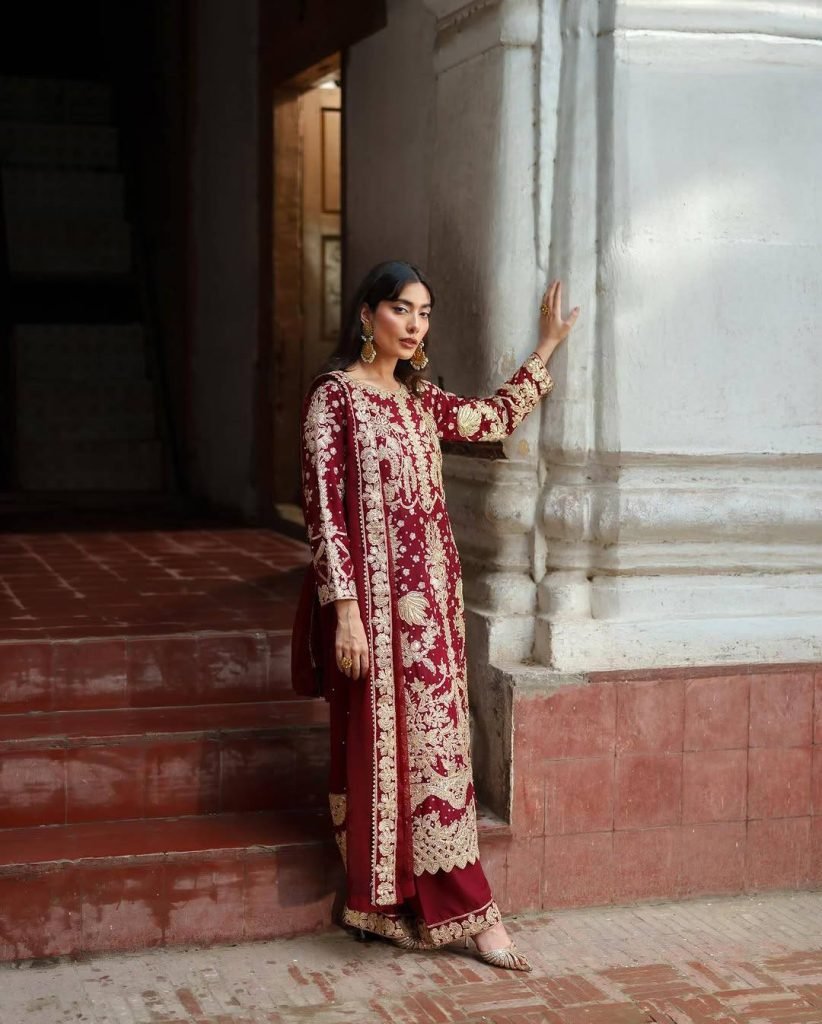 Red faux georgette chain sequence work with moti work top-bottom and dupatta set