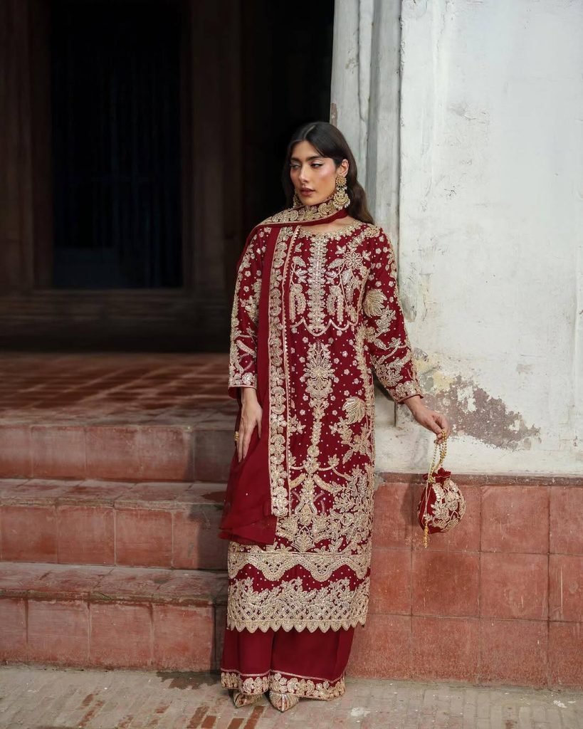 Red faux georgette chain sequence work with moti work top-bottom and dupatta set