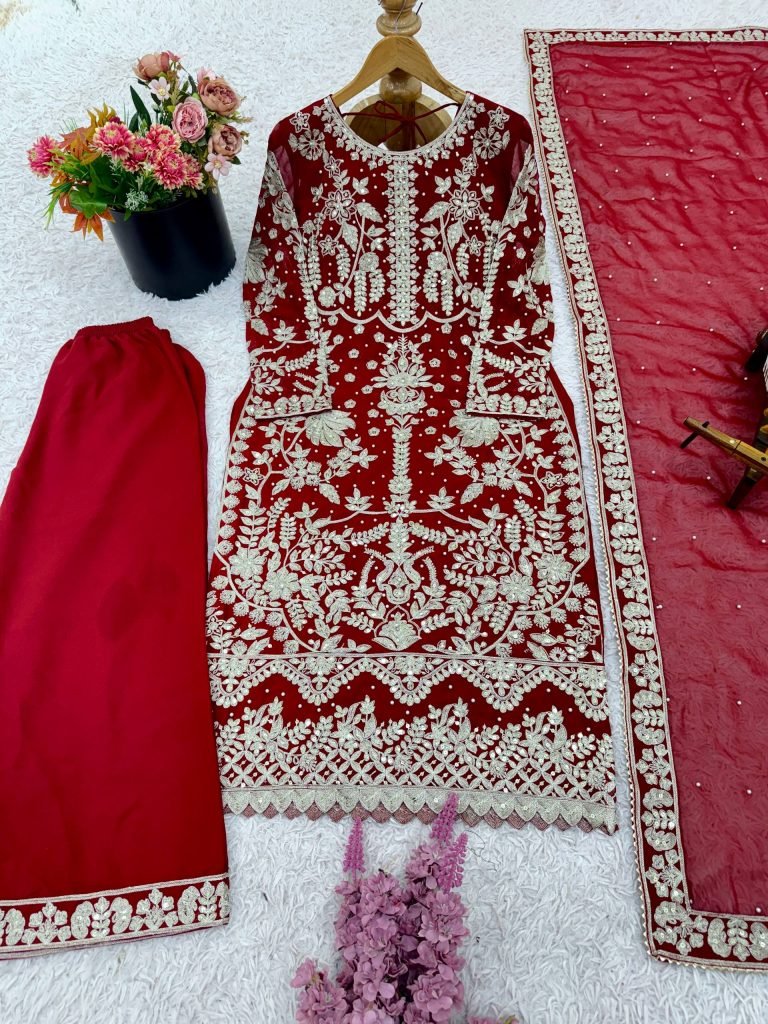 Red faux georgette chain sequence work with moti work top-bottom and dupatta set