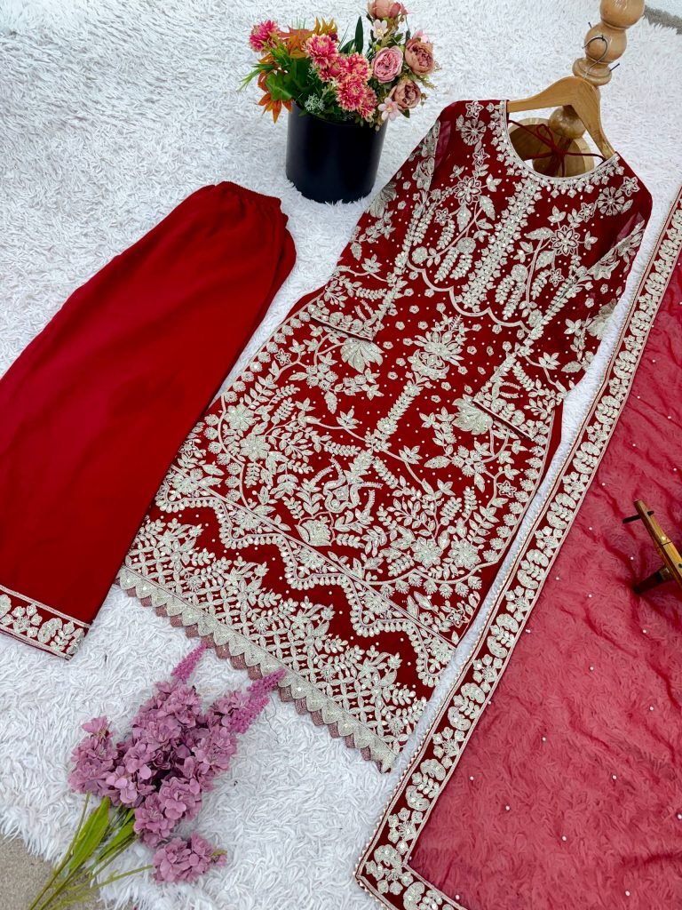 Red faux georgette chain sequence work with moti work top-bottom and dupatta set