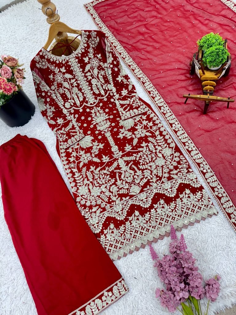 Red faux georgette chain sequence work with moti work top-bottom and dupatta set