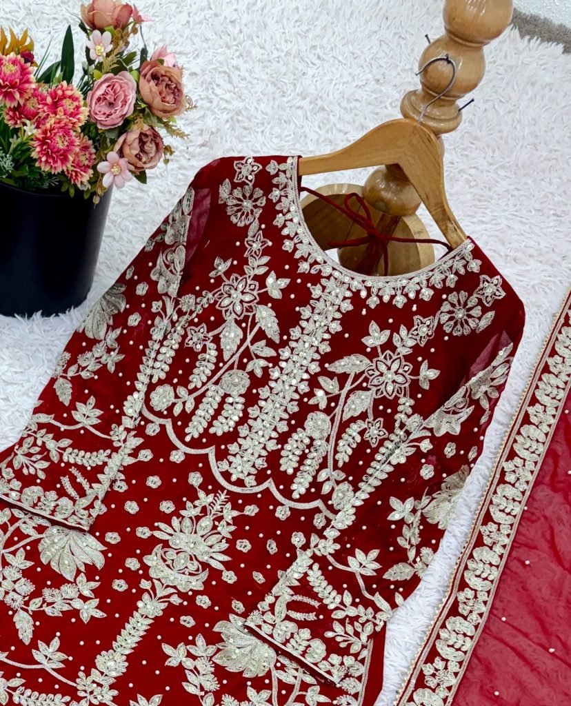 Red faux georgette chain sequence work with moti work top-bottom and dupatta set