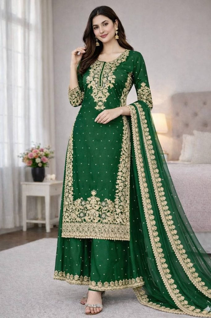Green pure gmy silk with heavy embroidery coding sequence work top-bottom and dupatta