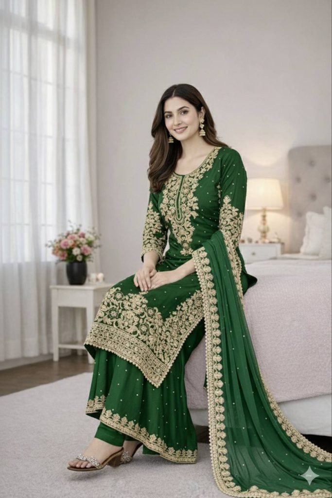 Green pure gmy silk with heavy embroidery coding sequence work top-bottom and dupatta