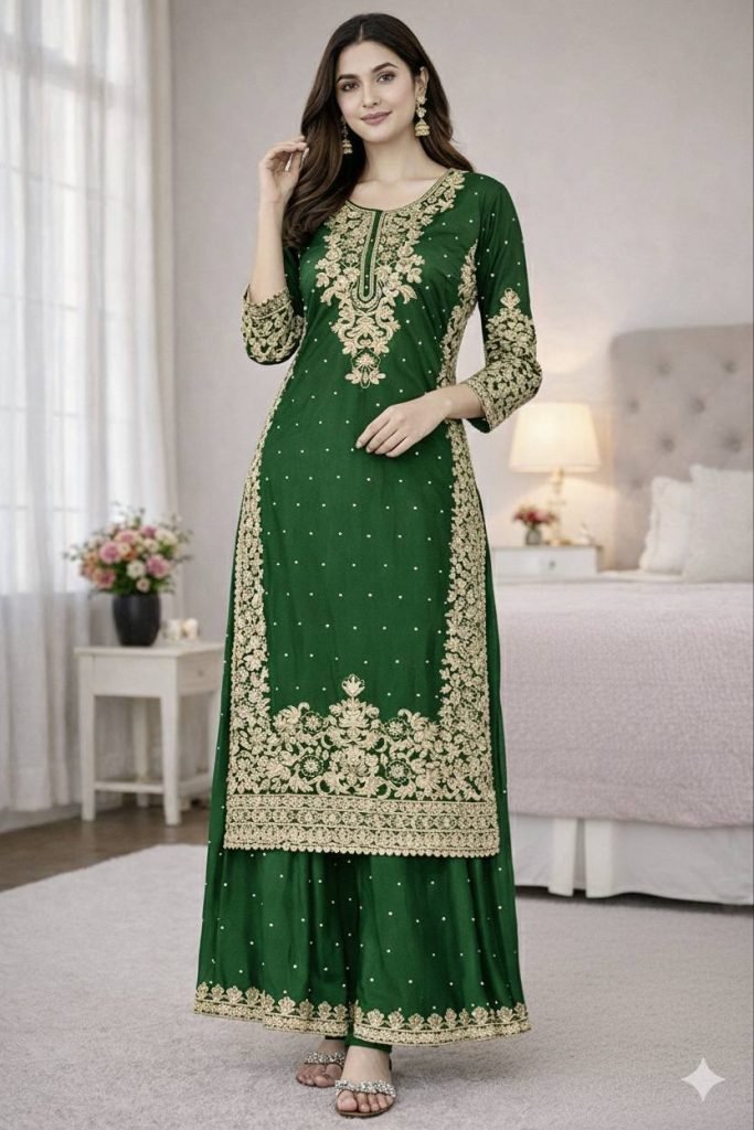 Green pure gmy silk with heavy embroidery coding sequence work top-bottom and dupatta
