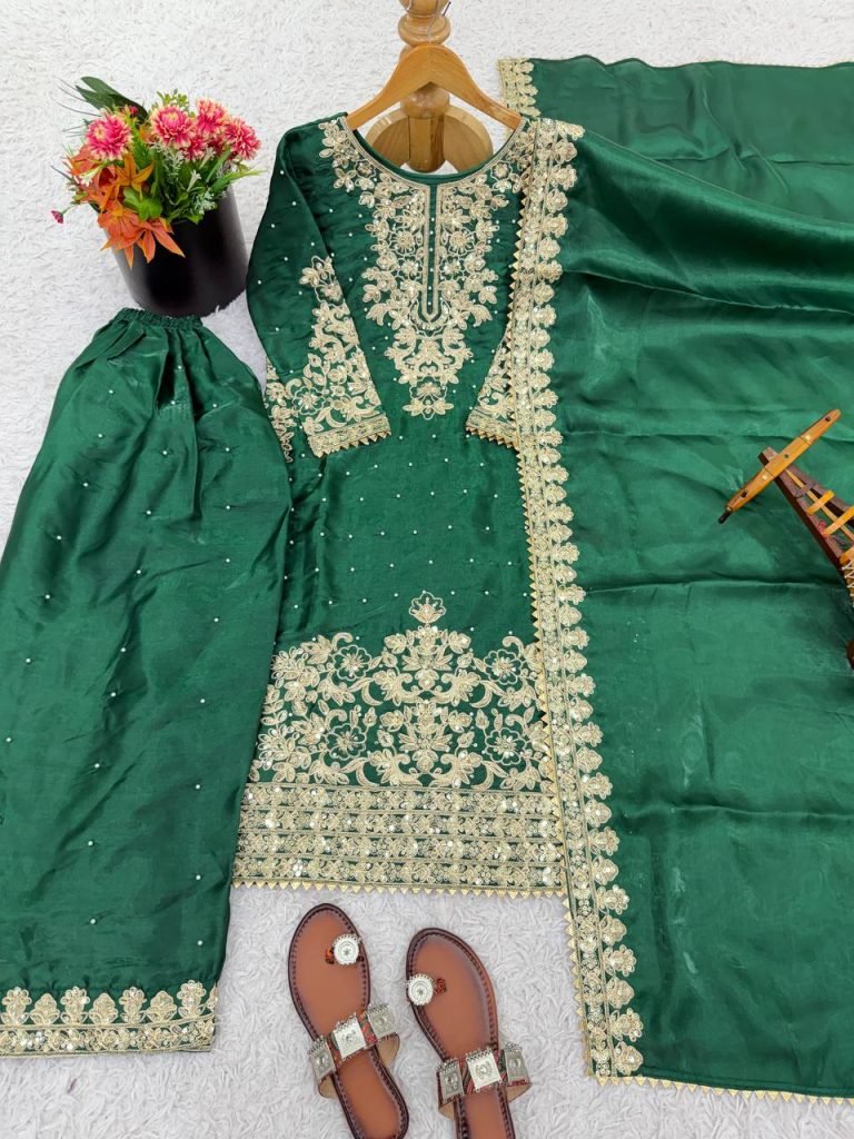 Green pure gmy silk with heavy embroidery coding sequence work top-bottom and dupatta