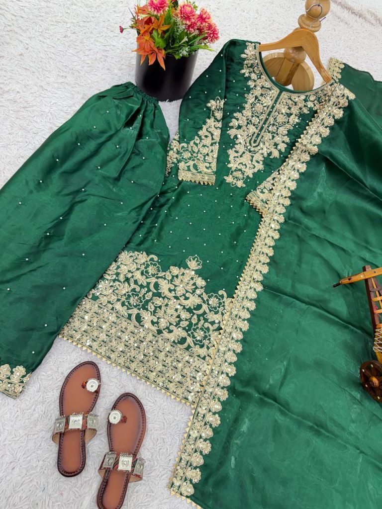Green pure gmy silk with heavy embroidery coding sequence work top-bottom and dupatta