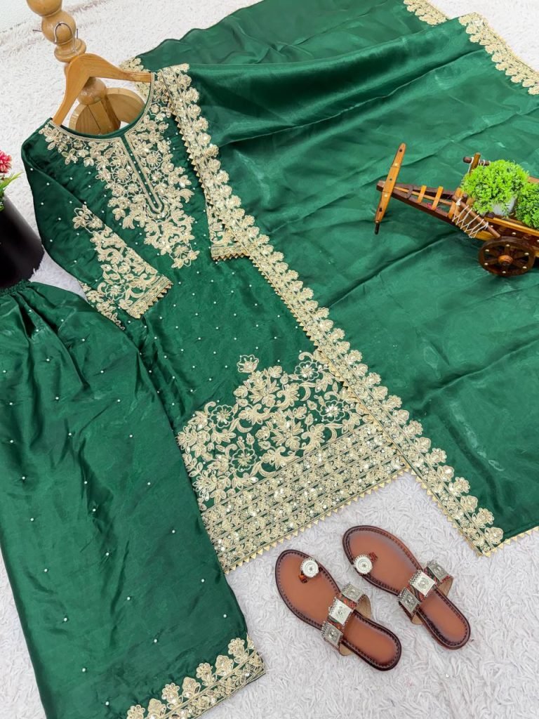 Green pure gmy silk with heavy embroidery coding sequence work top-bottom and dupatta