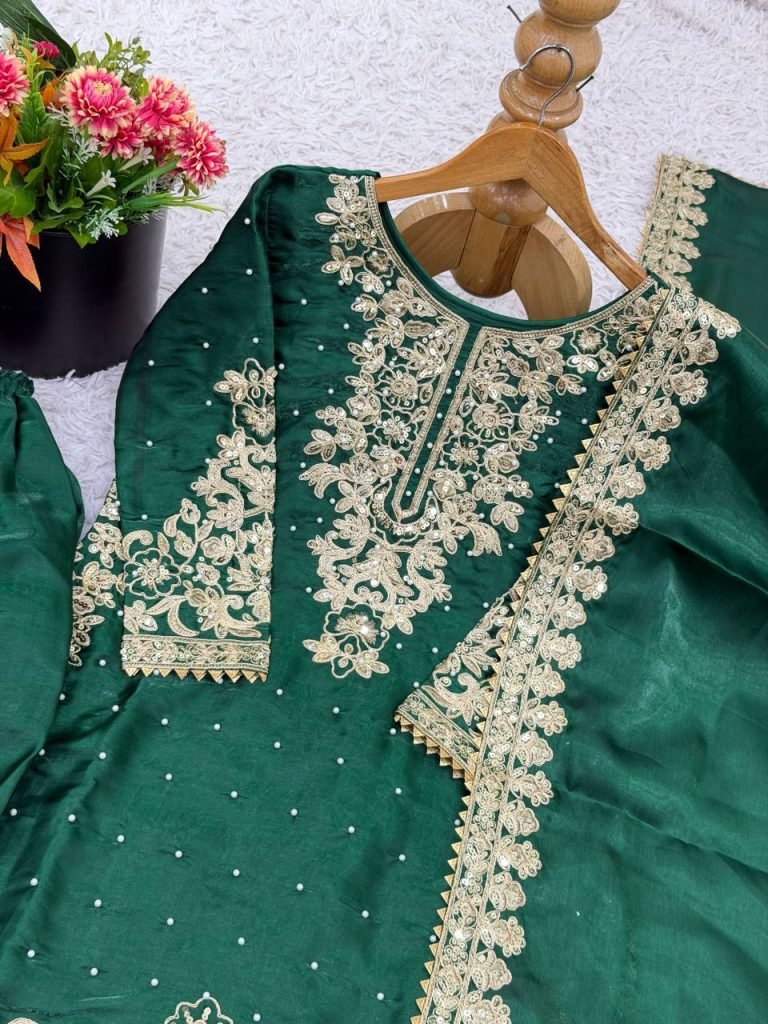 Green pure gmy silk with heavy embroidery coding sequence work top-bottom and dupatta