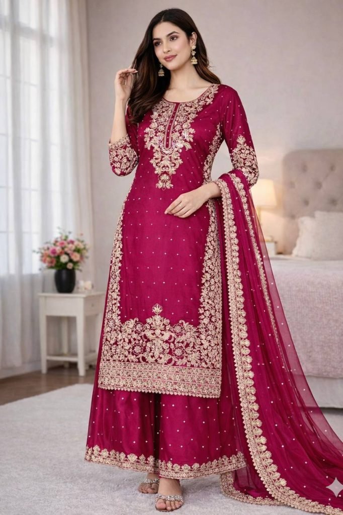 Rani pure gmy silk with heavy embroidery coding sequence work top-bottom and dupatta