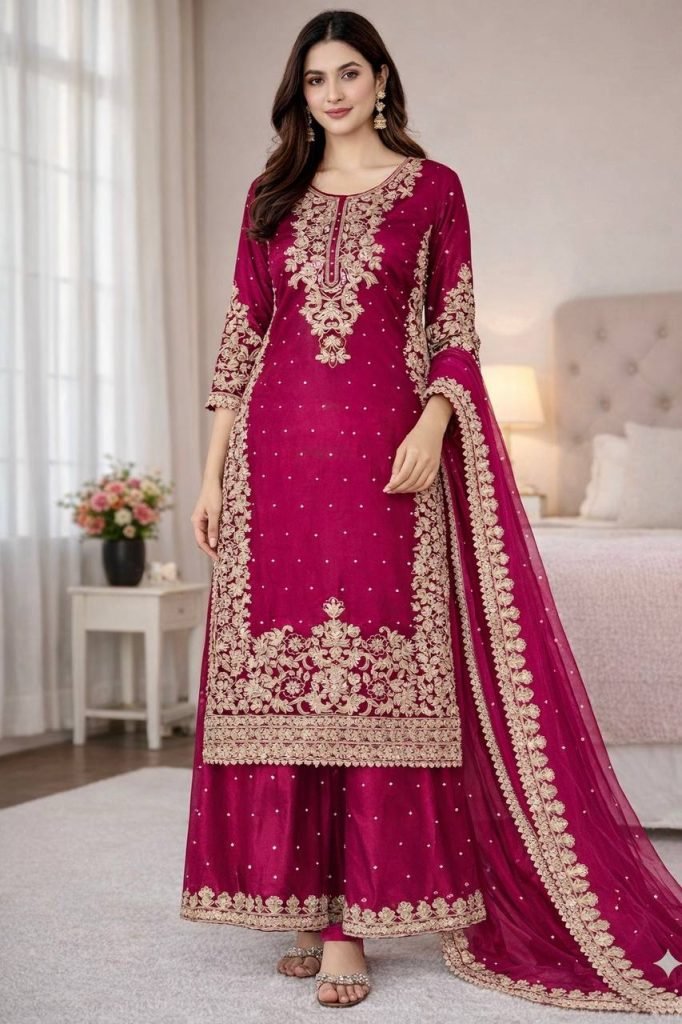 Rani pure gmy silk with heavy embroidery coding sequence work top-bottom and dupatta