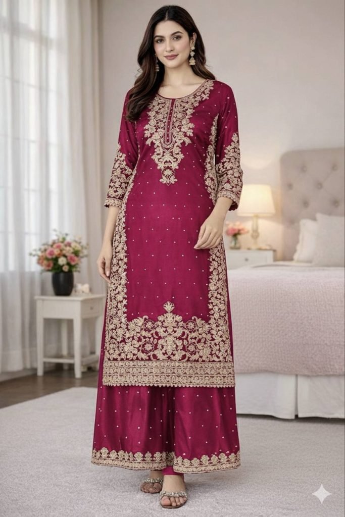 Rani pure gmy silk with heavy embroidery coding sequence work top-bottom and dupatta