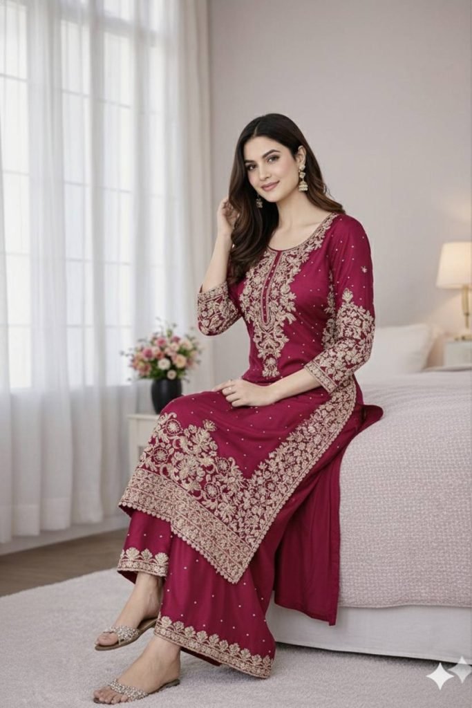 Rani pure gmy silk with heavy embroidery coding sequence work top-bottom and dupatta