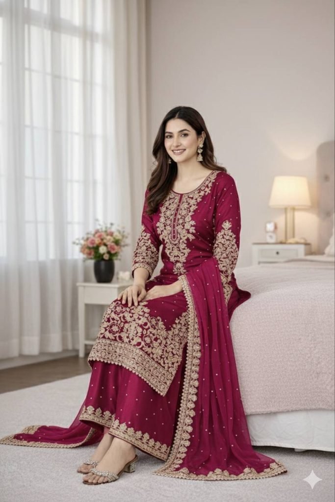Rani pure gmy silk with heavy embroidery coding sequence work top-bottom and dupatta