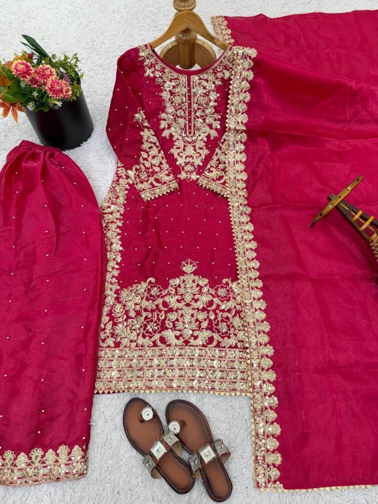 Rani pure gmy silk with heavy embroidery coding sequence work top-bottom and dupatta