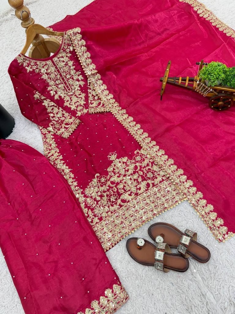 Rani pure gmy silk with heavy embroidery coding sequence work top-bottom and dupatta