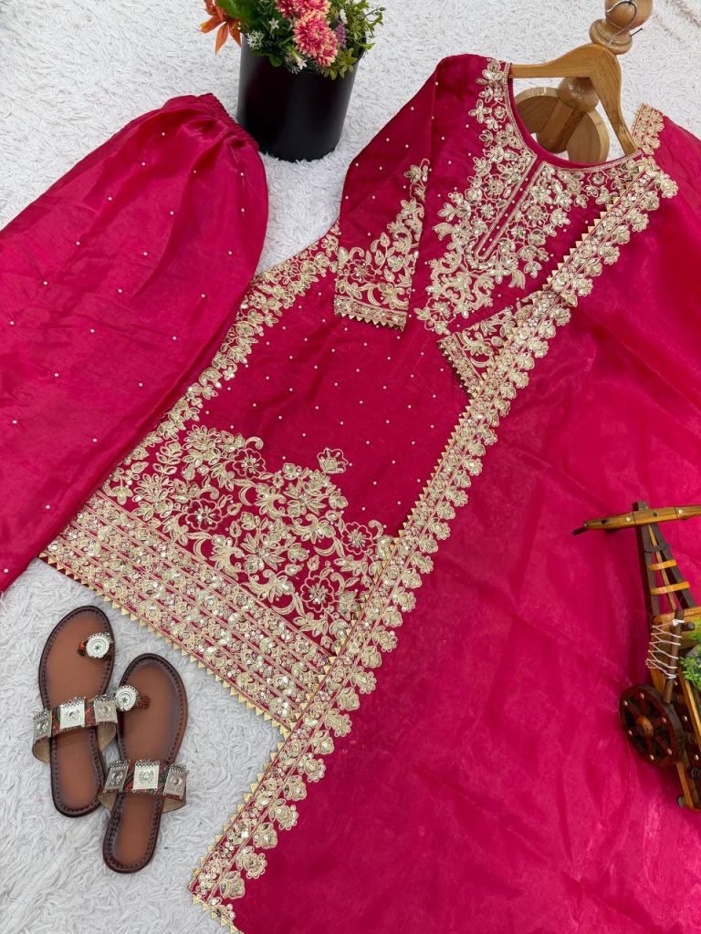Rani pure gmy silk with heavy embroidery coding sequence work top-bottom and dupatta