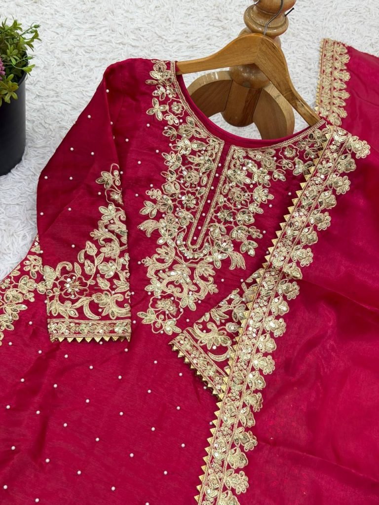 Rani pure gmy silk with heavy embroidery coding sequence work top-bottom and dupatta