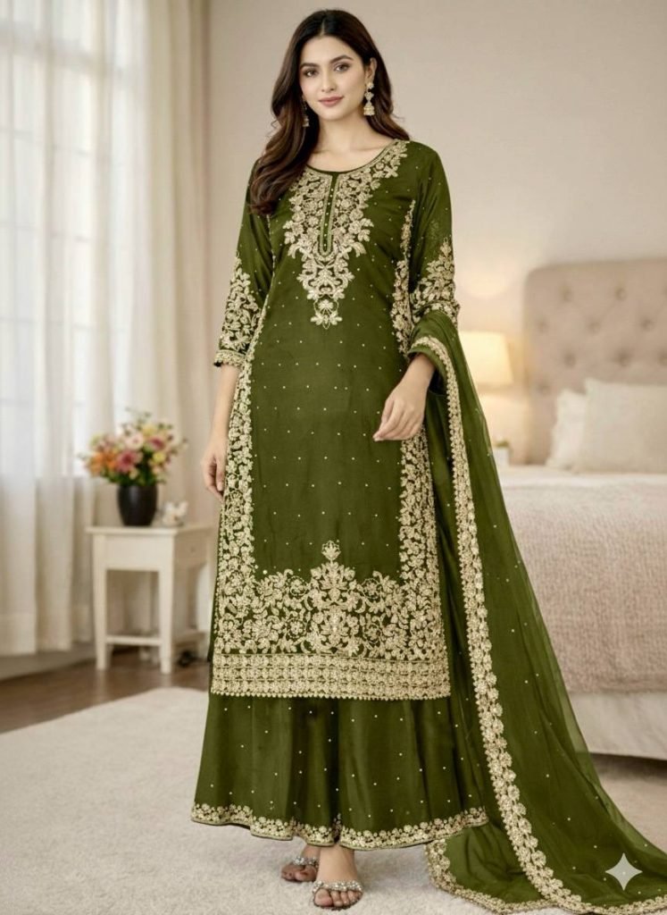 Mehndi pure gmy silk with heavy embroidery coding sequence work top-bottom and dupatta