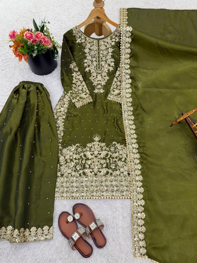 Mehndi pure gmy silk with heavy embroidery coding sequence work top-bottom and dupatta