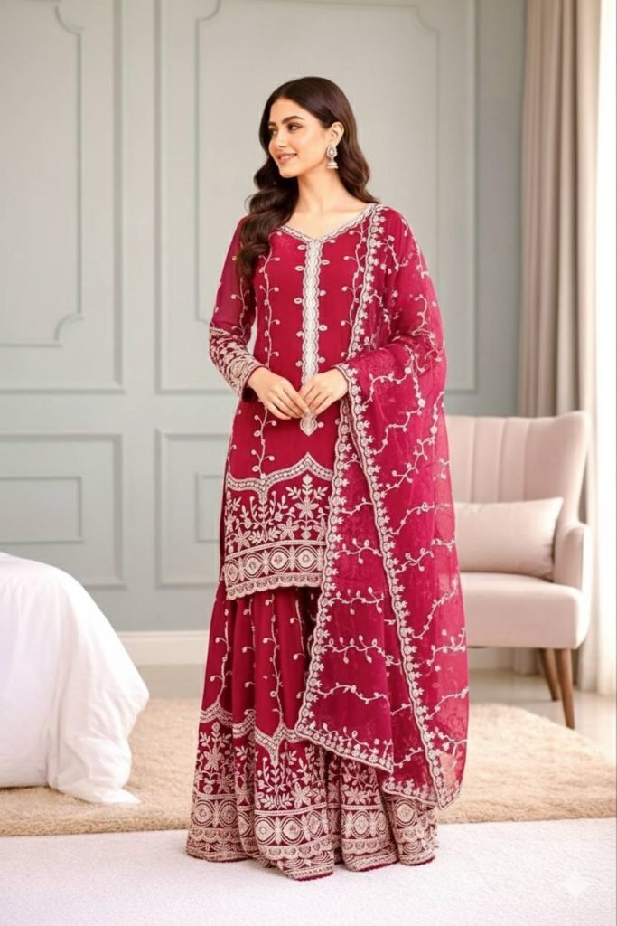 Pink pure fendy silk with embroidery sequence work top-bottom and dupatta set