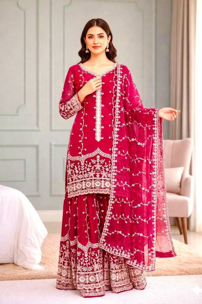 Pink pure fendy silk with embroidery sequence work top-bottom and dupatta set