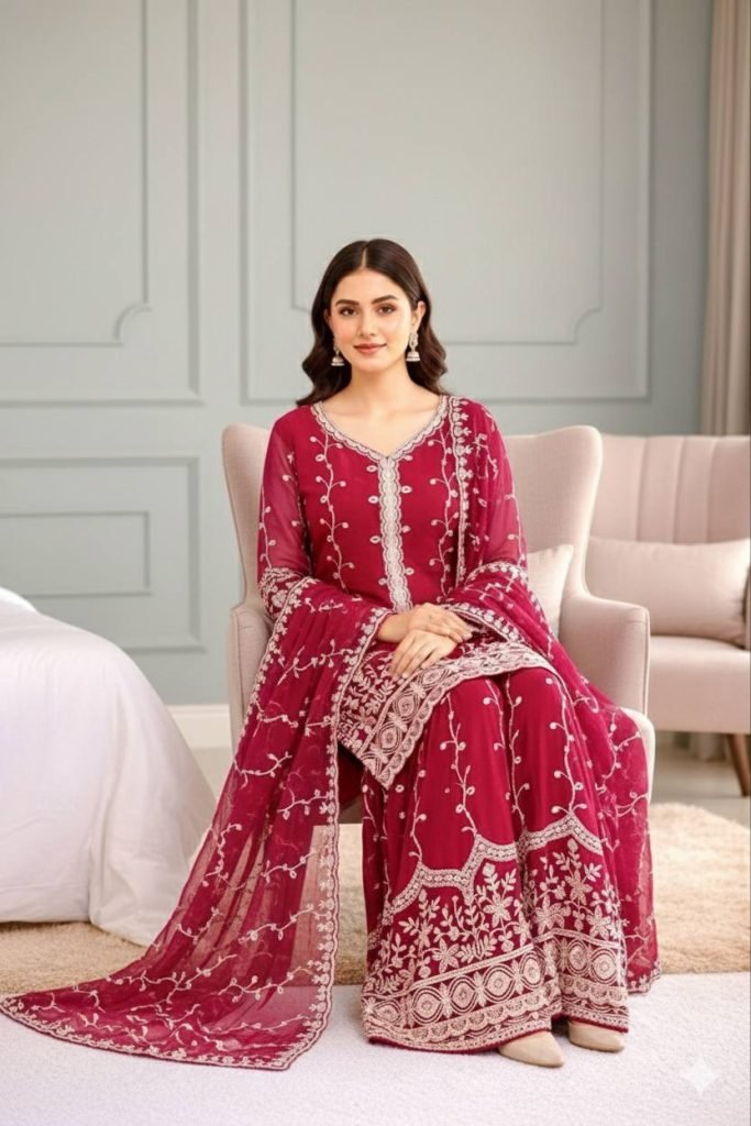Pink pure fendy silk with embroidery sequence work top-bottom and dupatta set