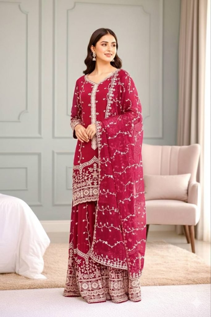 Pink pure fendy silk with embroidery sequence work top-bottom and dupatta set