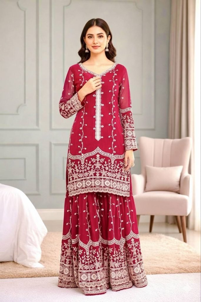 Pink pure fendy silk with embroidery sequence work top-bottom and dupatta set