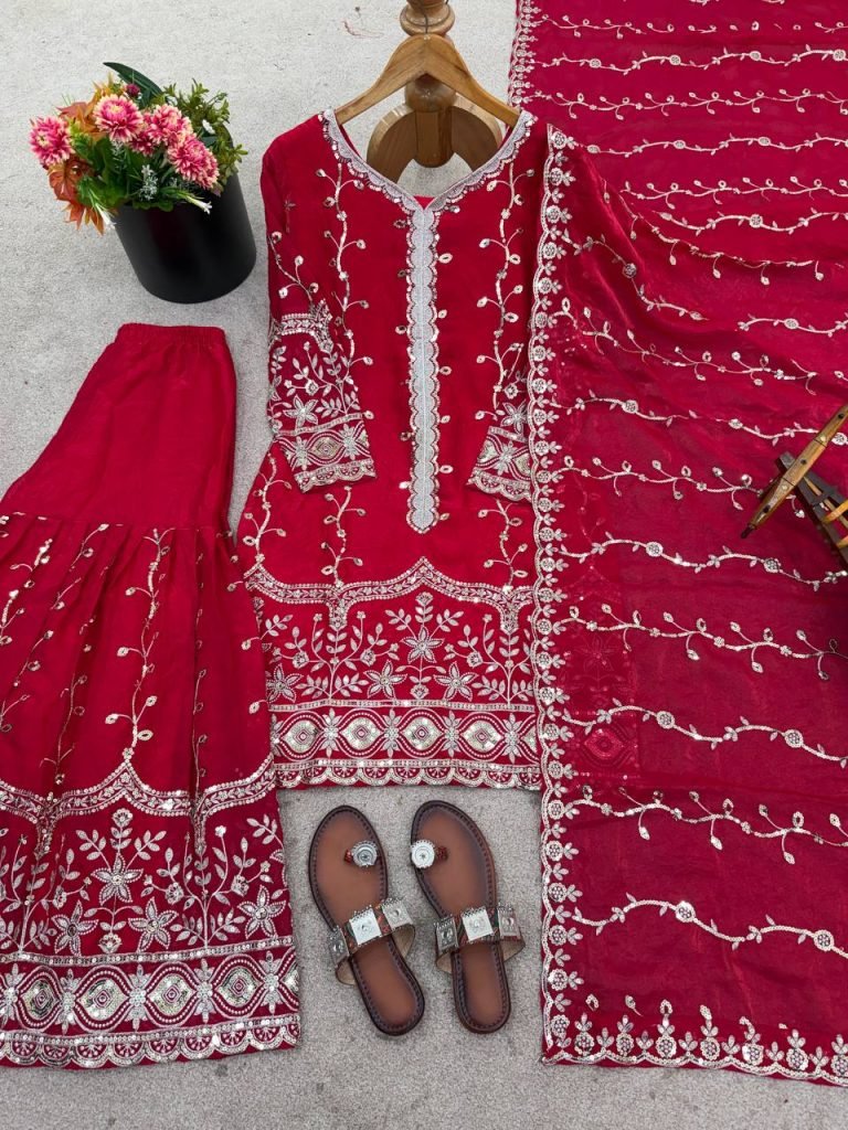 Pink pure fendy silk with embroidery sequence work top-bottom and dupatta set