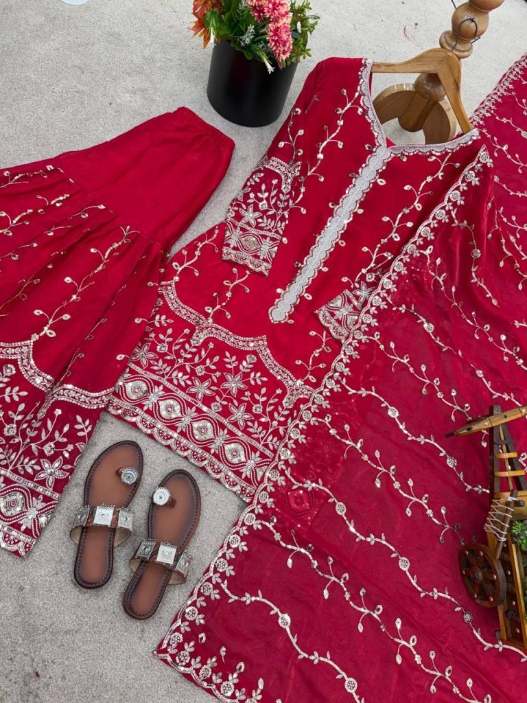 Pink pure fendy silk with embroidery sequence work top-bottom and dupatta set