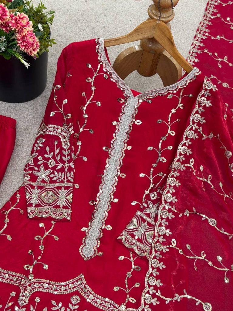 Pink pure fendy silk with embroidery sequence work top-bottom and dupatta set