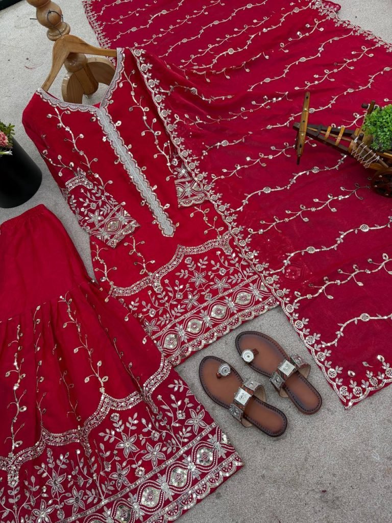 Pink pure fendy silk with embroidery sequence work top-bottom and dupatta set