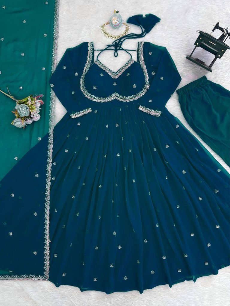 Sky blue foux georgette Thread with sequence anarkali set