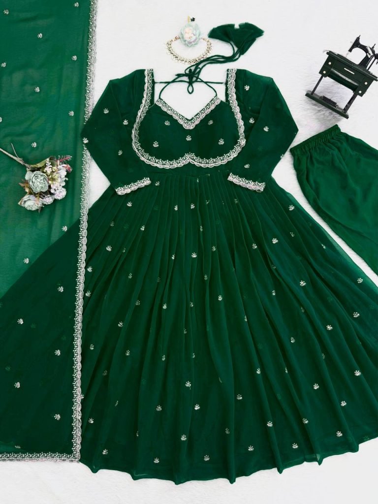 Dark green foux georgette Thread with sequence anarkali set