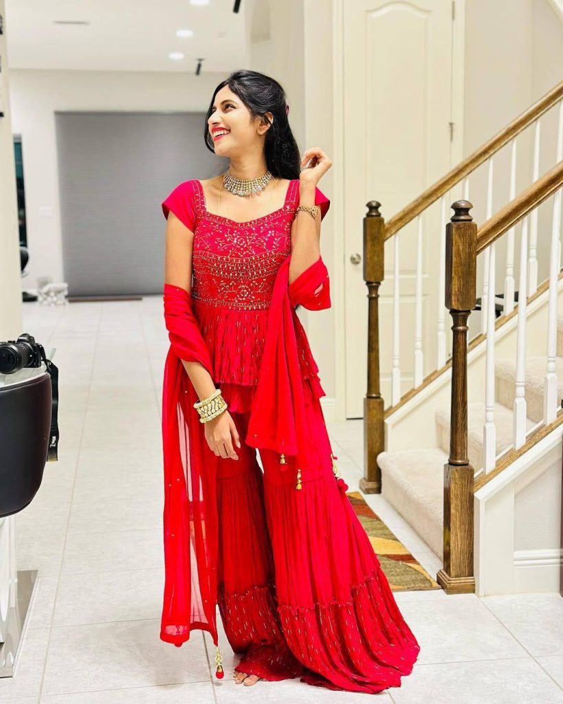 Red georgette embroidery work top-sharar and dupatta set