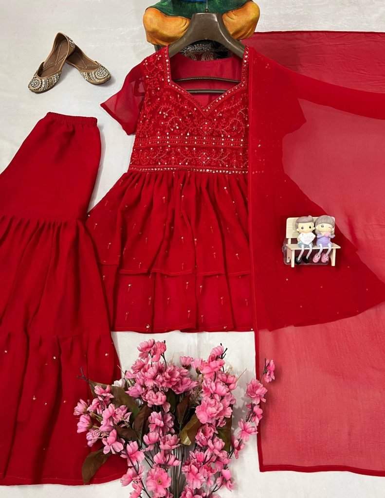 Red georgette embroidery work top-sharar and dupatta set