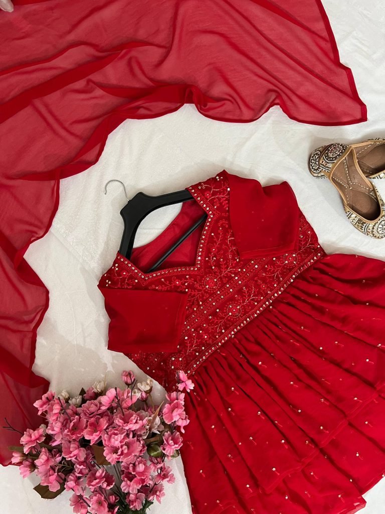 Red georgette embroidery work top-sharar and dupatta set