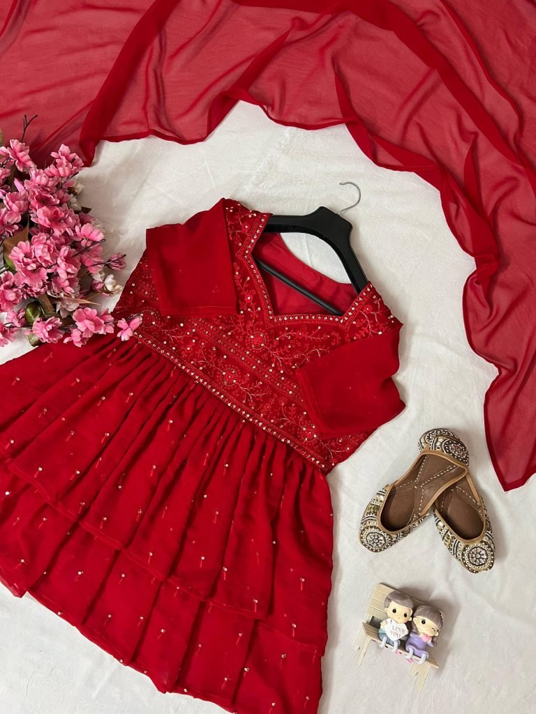 Red georgette embroidery work top-sharar and dupatta set