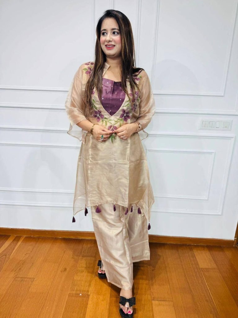 Ivory organza sequence embroidery work kurti-blouse and pant set