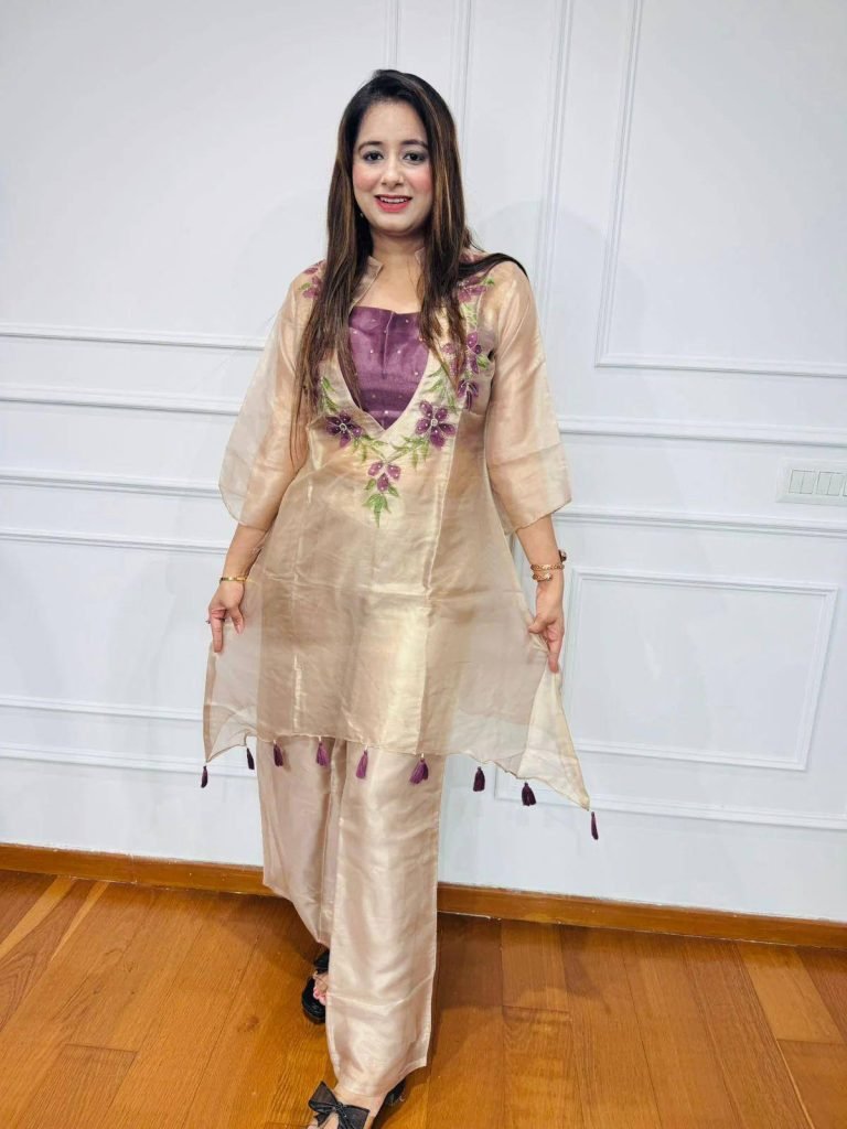 Ivory organza sequence embroidery work kurti-blouse and pant set