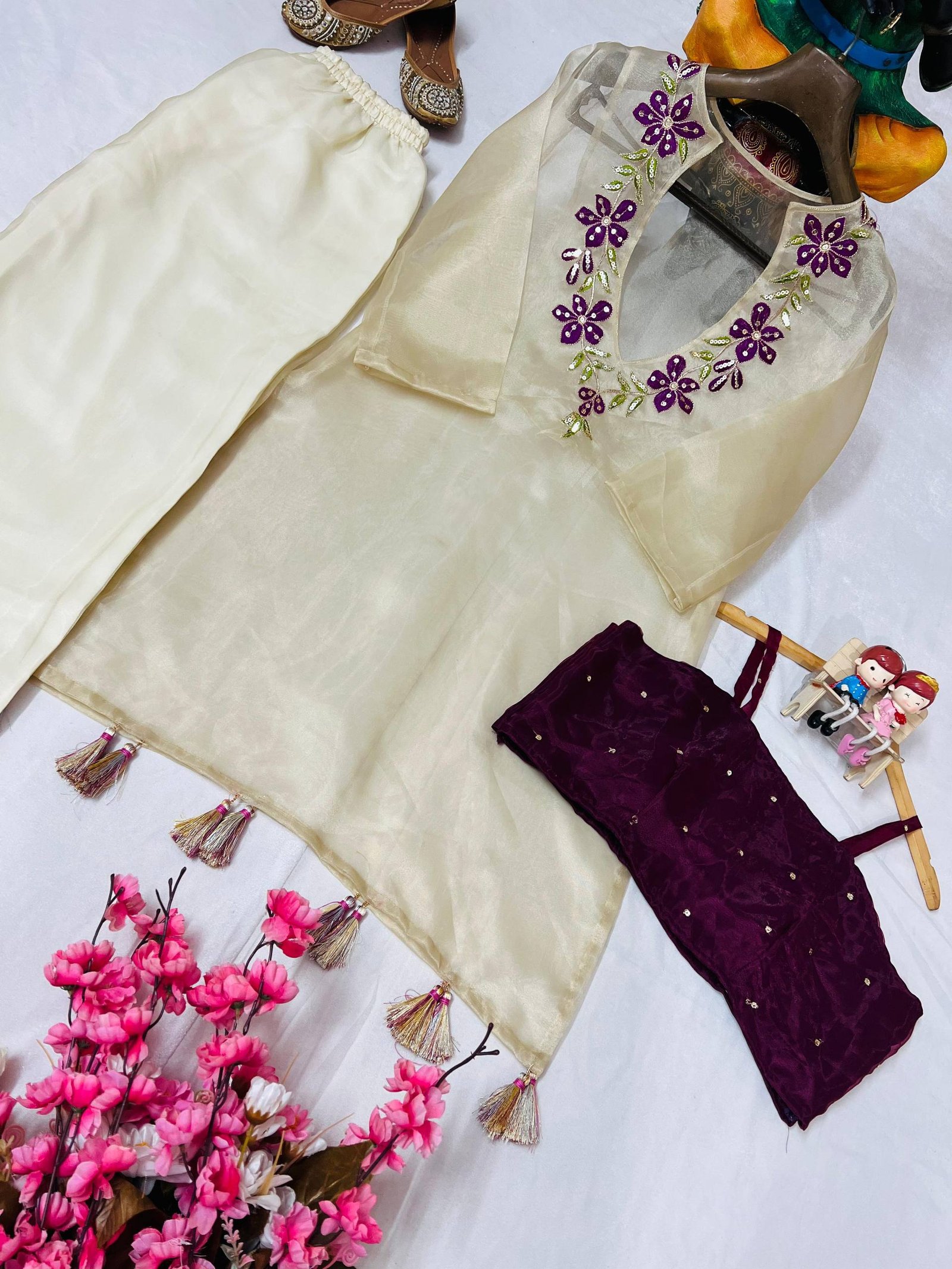 Ivory organza sequence embroidery work kurti-blouse and pant set – view 9