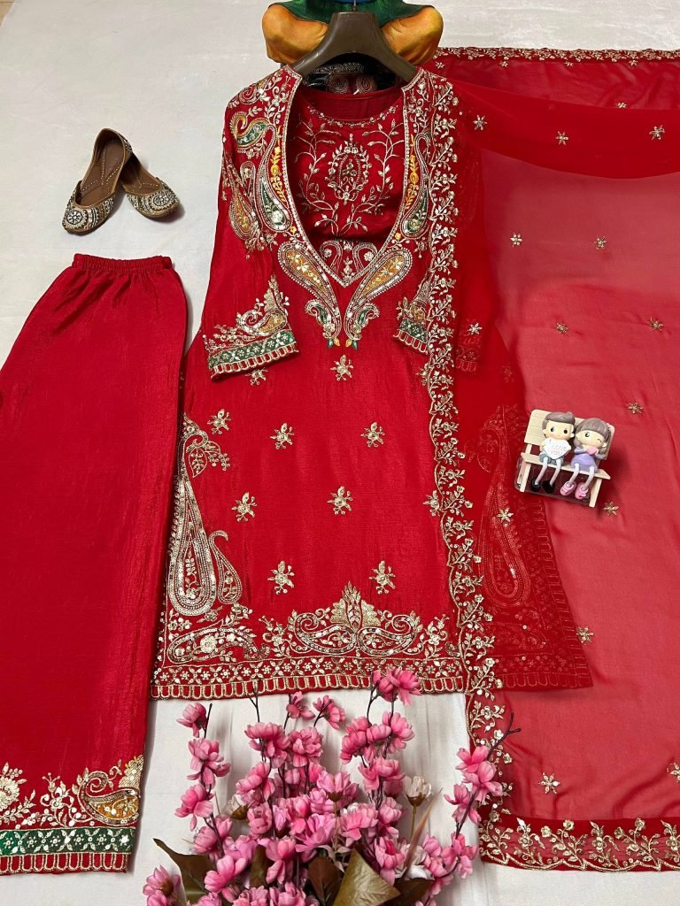 Rani chinon sequins embroidery work kurti-pant & blouse and dupatta set