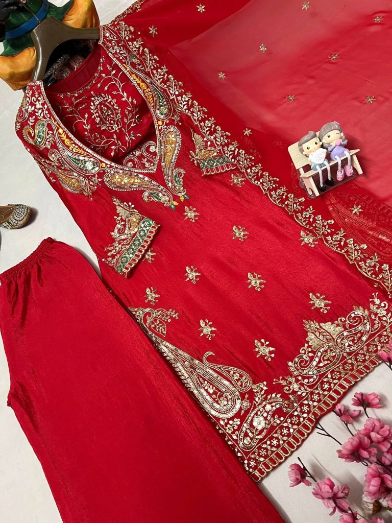 Rani chinon sequins embroidery work kurti-pant & blouse and dupatta set