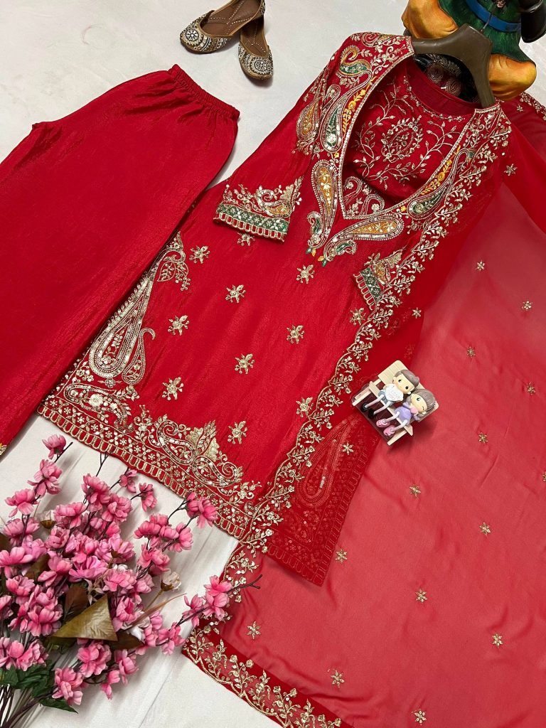 Rani chinon sequins embroidery work kurti-pant & blouse and dupatta set