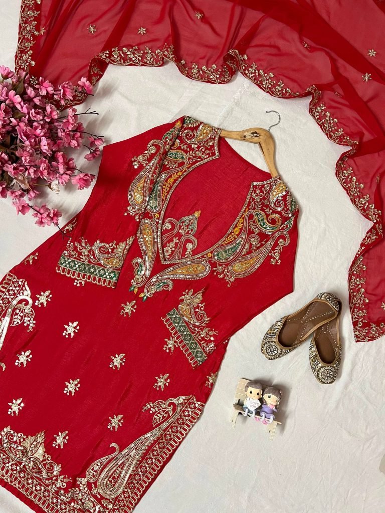 Rani chinon sequins embroidery work kurti-pant & blouse and dupatta set